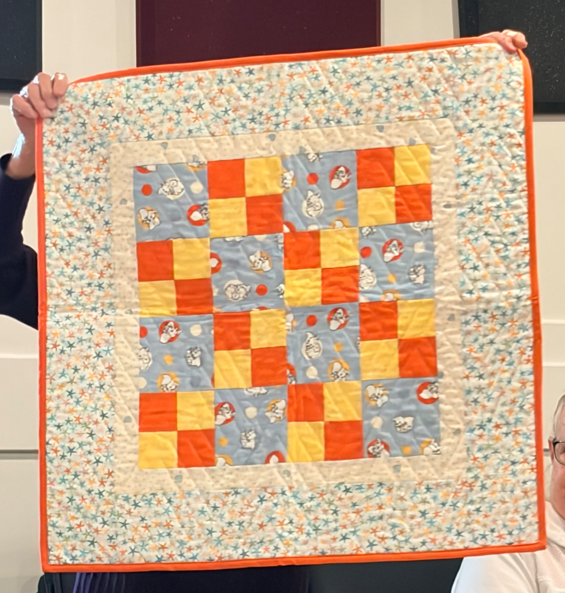 Cat-print checkerboard quilt in bright greens and blues