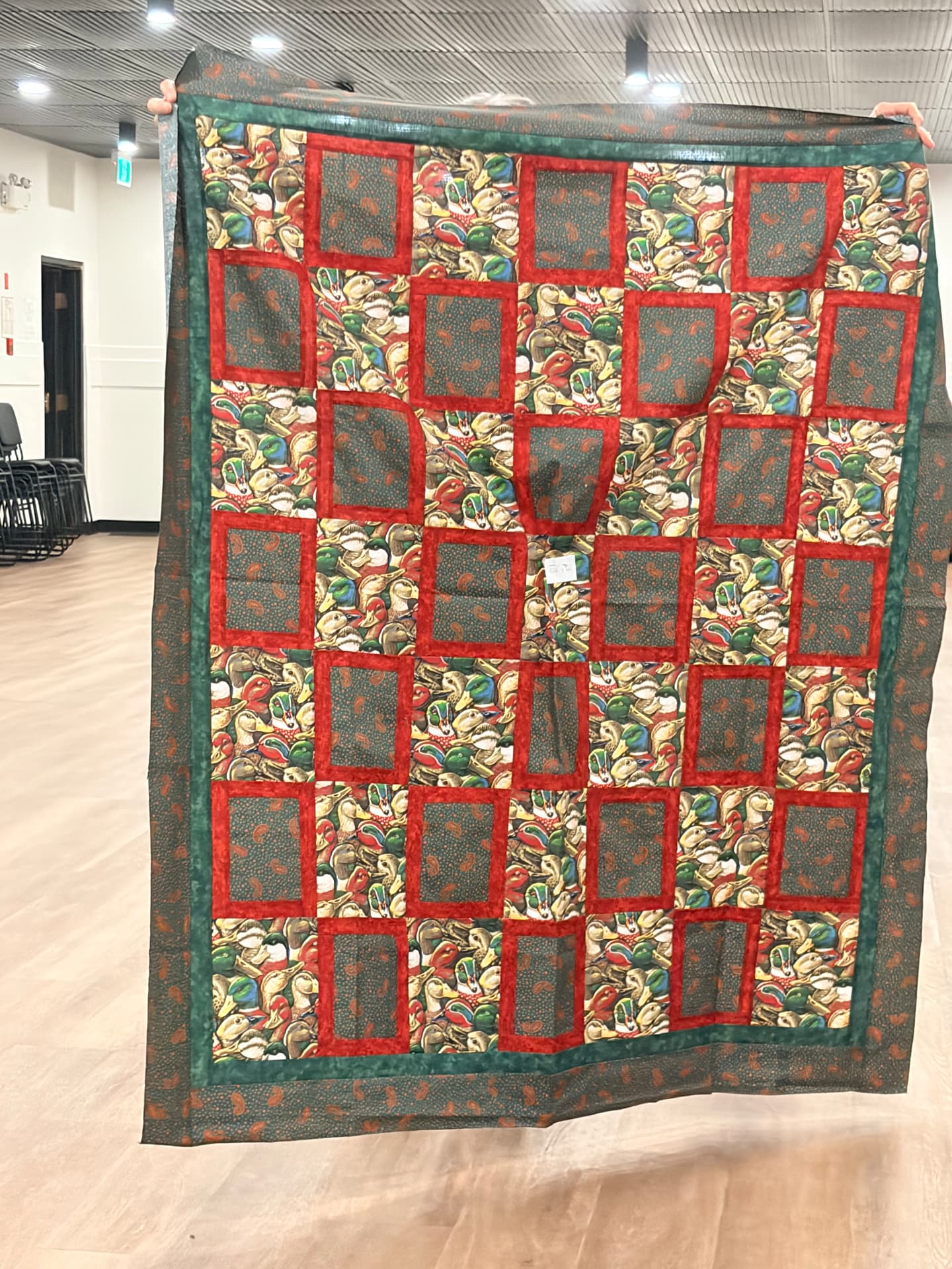 Duck-print quilt with red and green log-cabin style frames