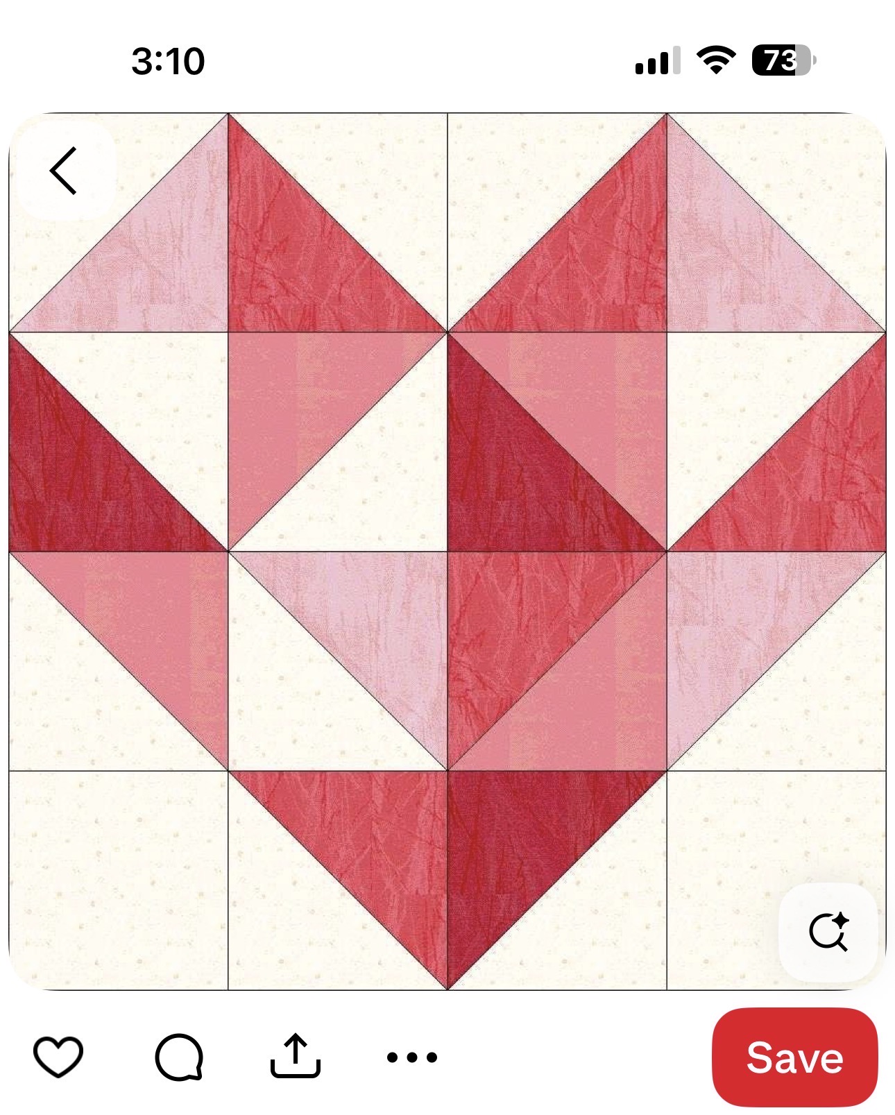 Red & Pink Heart Block — A scrappy heart in three shades of red and pink on a dotted cream background.