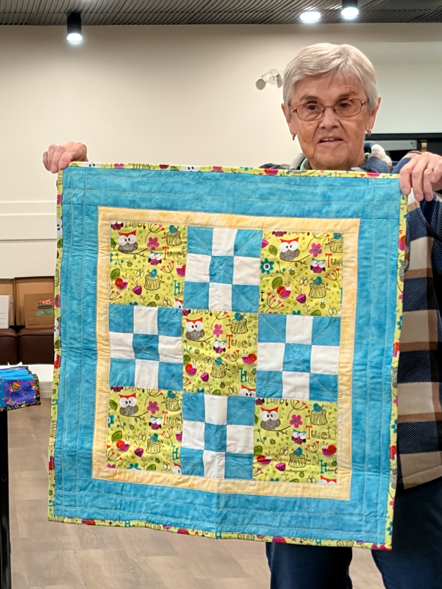 Blue and yellow owl-print nine-patch quilt with an aqua border