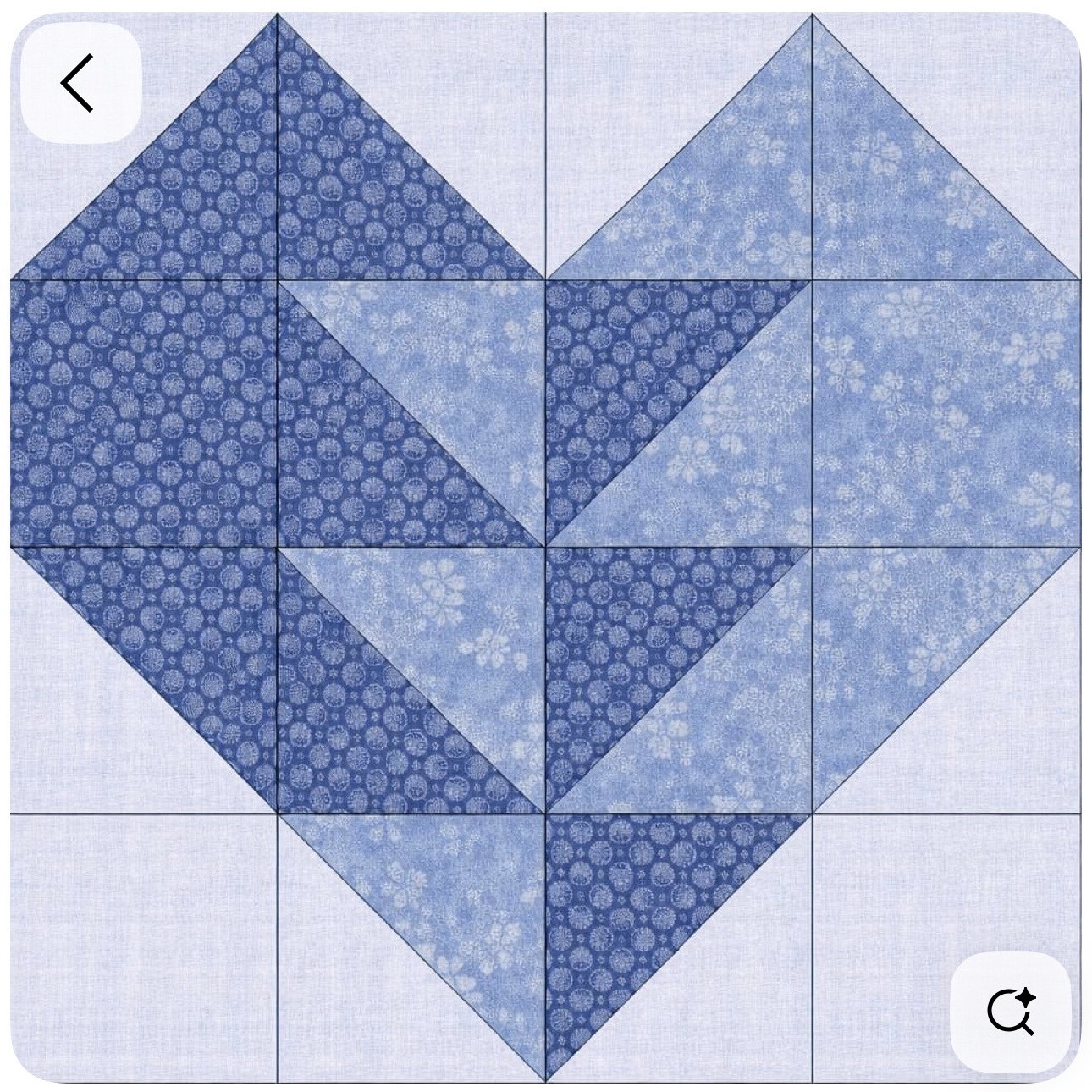 Blue Chevron Heart Block — A two-tone blue heart built from chevrons and half-square triangles.