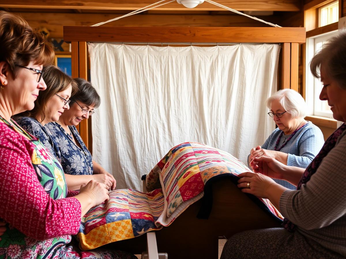Members quilting together around a frame