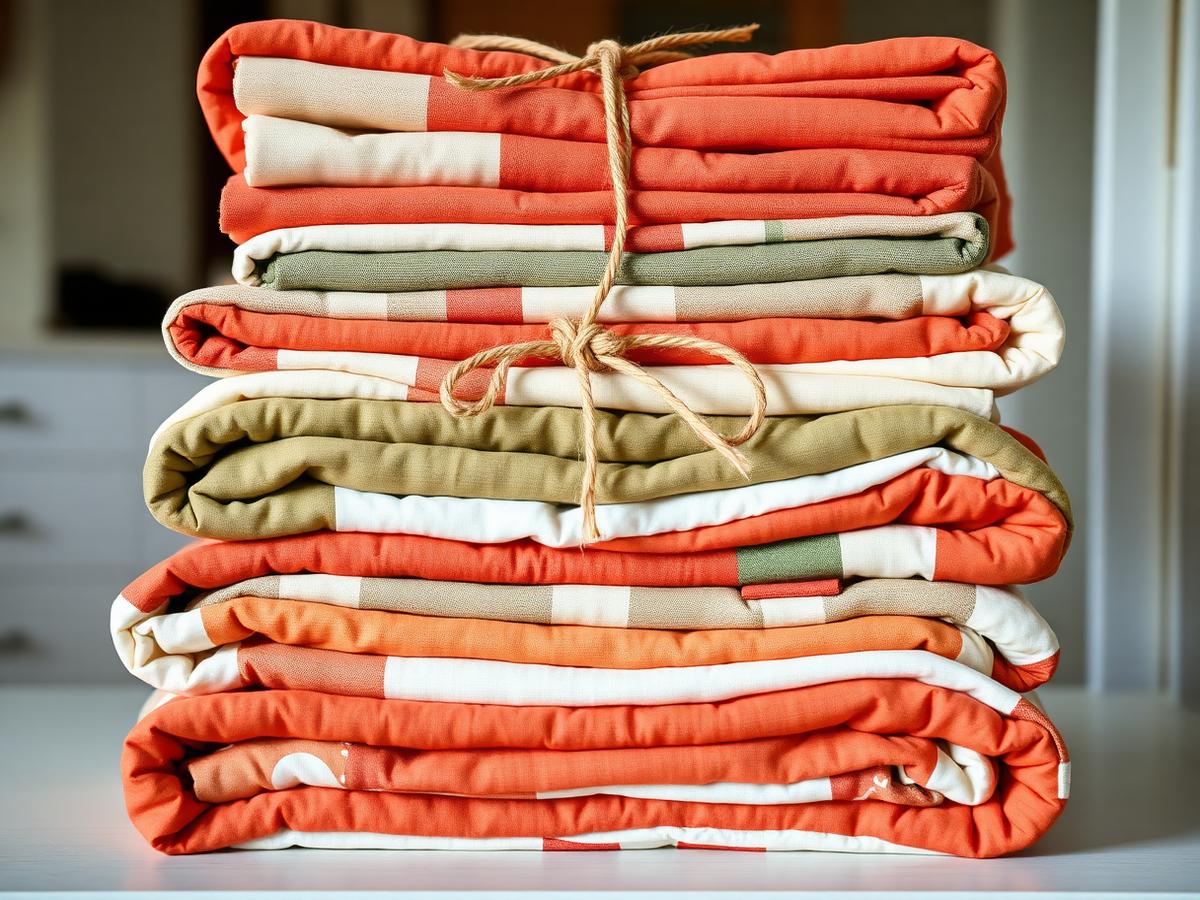 A stack of folded charity quilts