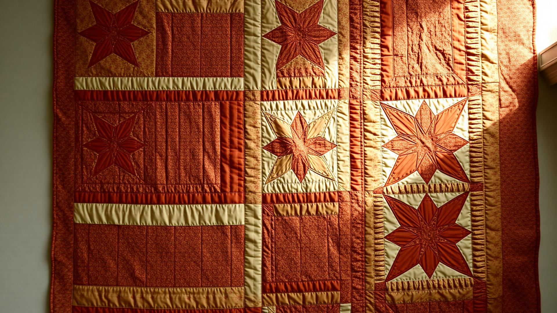 A handmade patchwork quilt in terracotta and sage