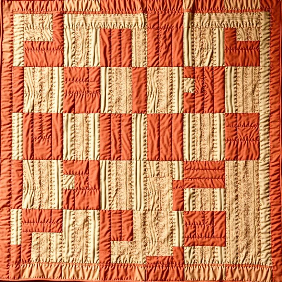 A traditional log cabin quilt in warm tones